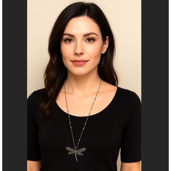 J. Jill Dragonfly Necklace Pendant Long Silver Tone Rhinestone Beads Adjustable - Picture 1 of 11